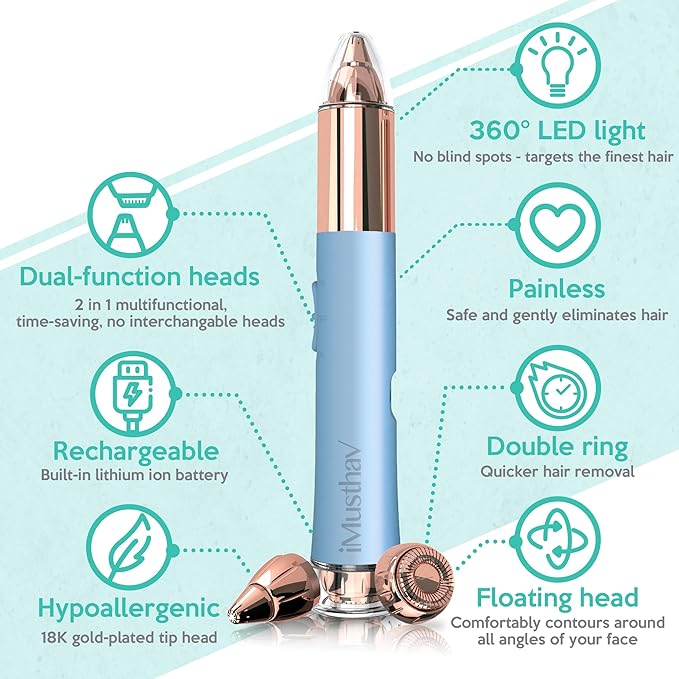 2 in 1 Flawless Eyebrow and Facial Hair Remover for Women Painless Electric Razor Epilator Trimmer Shaver with 18K Gold-Plated, USB Rechargeable, 360° LED for Eyebrow and Face Hair Removal-VivaGrace Women