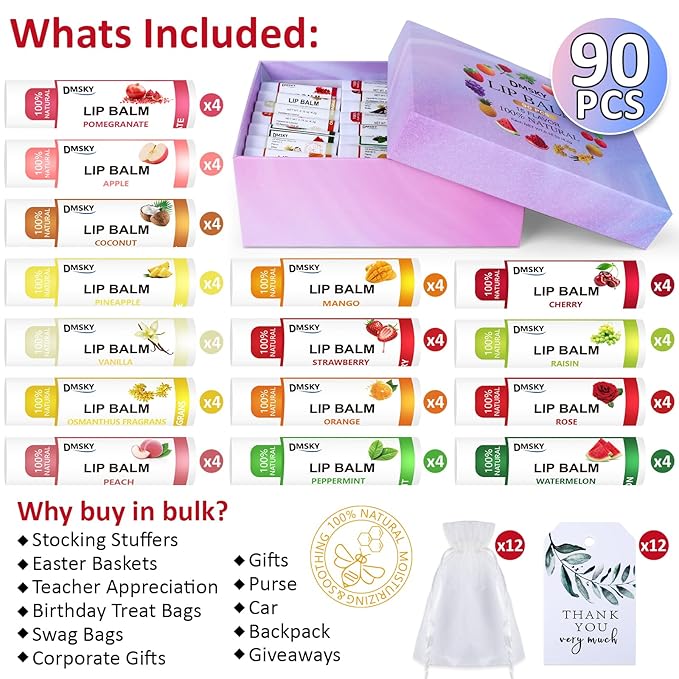 DMSKY 90 Pack Lip Balm, Natural Lip Balm Bulk with Vitamin E and Coconut Oil, Moisturizing Soothing Chapped Lips, Gifts for Women Stocking Stuffers Party Favors-VivaGrace Women