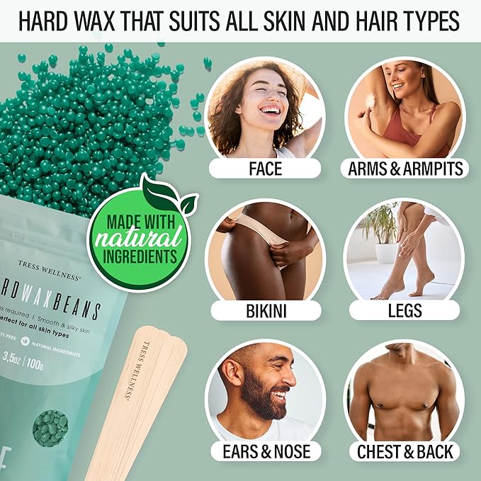 Tress Wellness Waxing Kit for Sensitive Skin – Safe for Face & Skin, Prep & Aftercare Spray, Easy to Use – At-Home Kit for Face, Bikini, Brazilian & Full Body - Digital Display, Green Mountain-VivaGrace Women