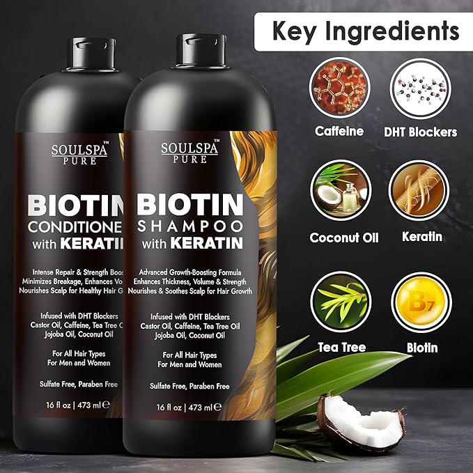 Biotin Shampoo and Conditioner Set with Keratin - Sulfate-Free Advanced Anti-Thinning, Hair Growth Shampoo and Conditioner Combo Repair Formula - with DHT Blockers, for Men & Women - 16 fl oz each-VivaGrace Women