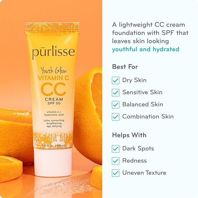 pürlisse Youth Glow Vitamin C CC Cream with SPF 50 - Color Corrector Enriched with Sea Buckthorn, Vitamin C & Hyaluronic Acid - Boosts Radiance & Youthfulness - Paraben-Free - Fair (1.4 oz)-VivaGrace Women