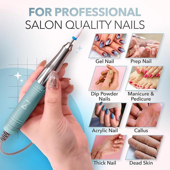 M Mase- Professional Nail Drill Machine - Coreless 2-in-1 Nail File - Electric, Cordless, 35000 RPM, HD Display - Electric Nail Drill for Professional & Home Use (Teal)-VivaGrace Women