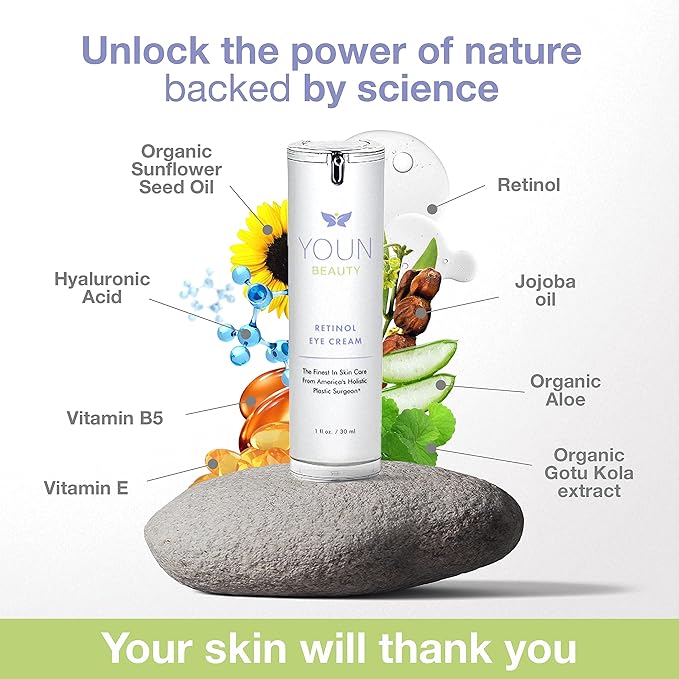 YOUN Beauty Retinol Eye Cream by Holistic Plastic Surgeon Dr. Anthony Youn – Paraben-Free Night Eye Cream with 1% Retinol and Hyaluronic Acid – Under Eye Cream for Hydration and Skin Firming, 1 Fl Oz-VivaGrace Women