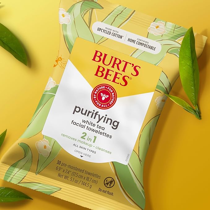 Burt's Bees Purifying Facial Towelettes With White Tea, Pre-Moistened Towelettes for All Skin Types, 99.1 Percent Natural Origin Skin Care, 30 ct. Package