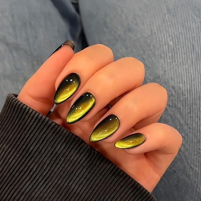 KQueenest Gold Cat Eye Press on Nails Almond Shape, 30 Pcs Glitter Fake Nails Medium, Thick Sparkly Black Nails Press on, Shiny Acrylic Nails, Cute Bling Stick on Nails for Women Daily Wear