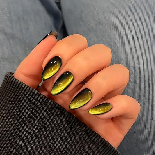 KQueenest Gold Cat Eye Press on Nails Almond Shape, 30 Pcs Glitter Fake Nails Medium, Thick Sparkly Black Nails Press on, Shiny Acrylic Nails, Cute Bling Stick on Nails for Women Daily Wear