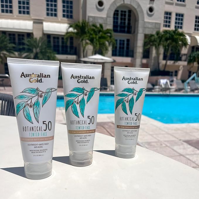 Australian Gold Botanical SPF 50 Tinted Mineral Sunscreen for Face, Non-Chemical BB Cream, Water-Resistant, Matte Finish, For Sensitive Facial Skin, Medium to Tan Skin Tones, 3 FL Oz-VivaGrace Women