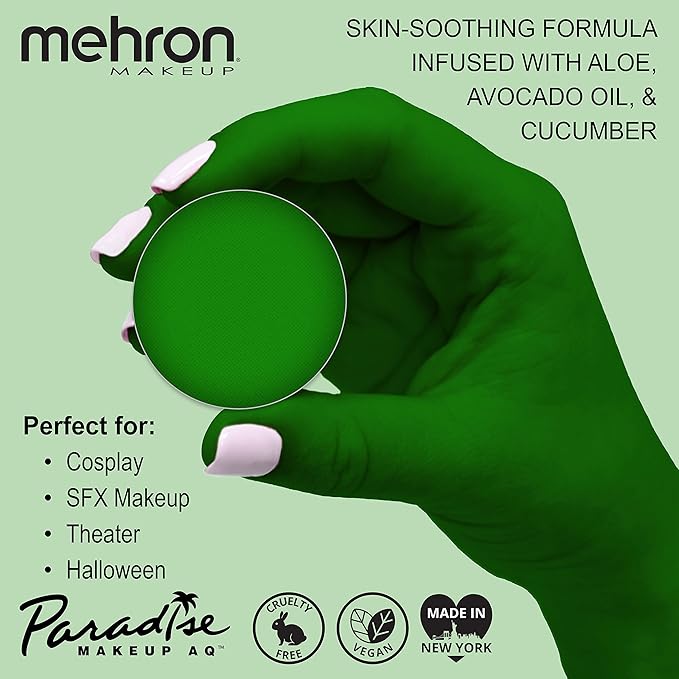 Mehron Makeup Paradise Makeup AQ Refill Size | Stage & Screen, Face & Body Painting, Beauty, Cosplay, Halloween | Water Activated Face Paint, Body Paint, Cosplay Makeup .25 oz (7 ml) (AMAZON GREEN)-VivaGrace Women