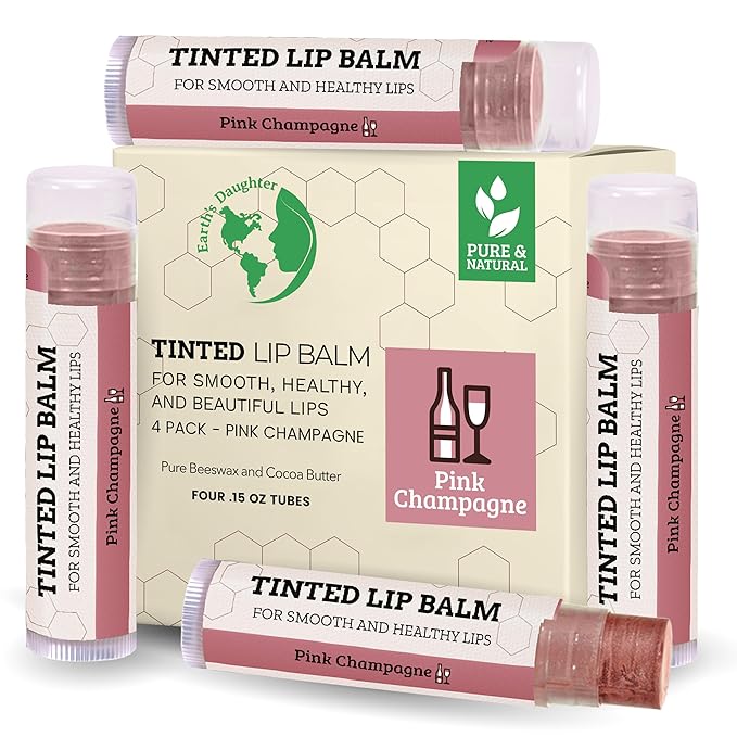 Tinted Lip Balm by Earth’s Daughter – 4 Pack of Pink Champagne Color – Beeswax, Coconut Oil, Cocoa Butter, Vitamin E – Moisturize and Beautify – Paraben Free-VivaGrace Women