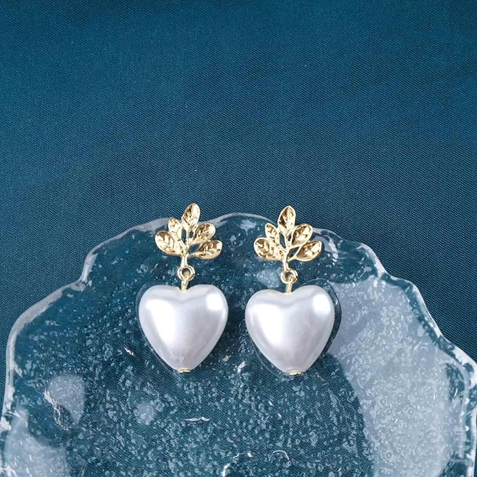 Vintage Pearl Heart Drop Earrings Gold Leaf Pearl Earrings White Pearl Heart Earrings Bridal Pearl Stud Earrings Jewelry for Women-VivaGrace Women