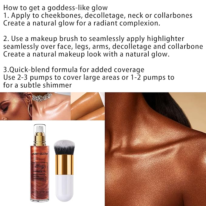 Shimmer Body Oil, Face and Body Liquid Luminizer Waterproof Moisturizing, Light Shimmer Glow Illuminator, Smooth Body Highlighter Makeup Liquid Body Shimmer (3# Bronze Gold)-VivaGrace Women