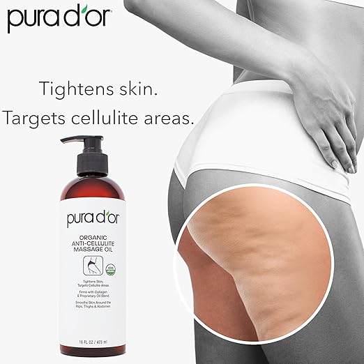 PURA D'OR 16 Oz Organic Anti-Cellulite Massage Oil - Lemon Peel, Moringa, Grape Seed, Grapefruit & Eucalyptus Oils - Skin Firming & Tightening for Active Individuals & Aging Adults-VivaGrace Women