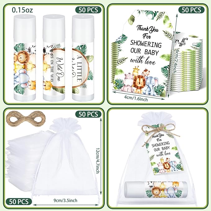 Dunzy 50 Pack Baby Shower Party Gifts Favors Bulk Lip Balms for Guests Boys Girls Games Neutral Gender Reveal Favors Baby Shower Prizes Souvenirs Bags Stuffer(Jungle Animal)-VivaGrace Women