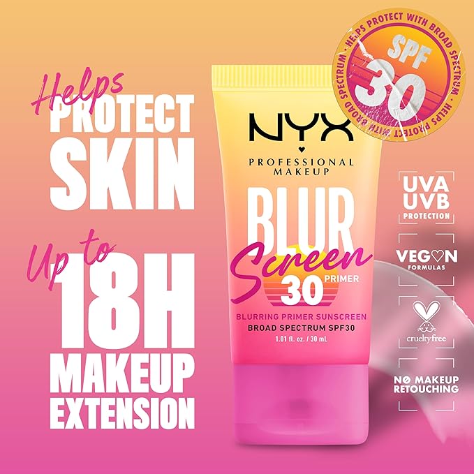 NYX PROFESSIONAL MAKEUP Blurscreen SPF 30 Primer, 3-in-1 Blurring Makeup Primer with Sunscreen, Vegan Formula with No White Cast or Greasy Feeling-VivaGrace Women