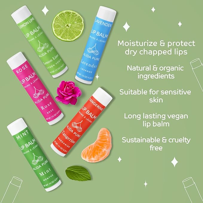 Aria Lip Balm Collection, Vegan Lip Balm Set, Beeswax Free, with Avocado Oil, Organic Jojoba Oil, and Vitamin E, Natural Moisturizer for Dry, Chapped Lips, 5 Tube Set-VivaGrace Women