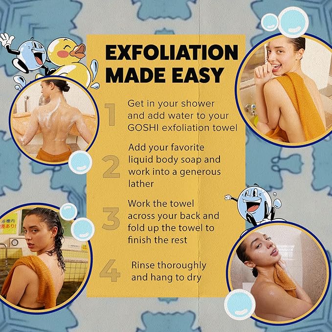 GOSHI Exfoliating Shower Towel - Rip-Resistant Exfoliating Washcloth for All Skin Types - Marigold Yellow - Made in Japan-VivaGrace Women