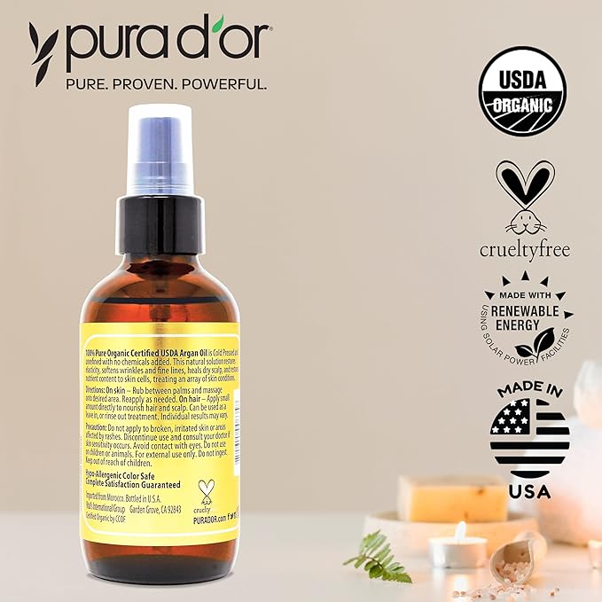 PURA D'OR 4 Oz ORGANIC Moroccan Argan Oil - USDA Certified 100% Pure & Cold Pressed Virgin Premium Grade Natural Moisturizer Treatment For Dry, Damaged Skin, Hair, Face, Body & Scalp - Men & Women-VivaGrace Women