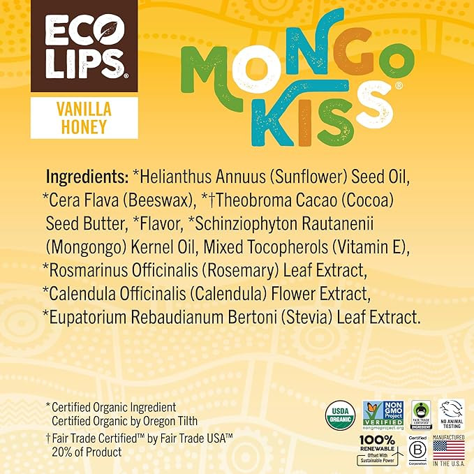 LIP BALM Mongo Kiss 6-Pack (6 tubes) Vanilla Honey by Eco Lips 100% Organic Beeswax & Cocoa Butter Lip Care with Organic Mongongo Oil - Soothe & Moisturize Dry and Cracked Lips - Made in USA-VivaGrace Women