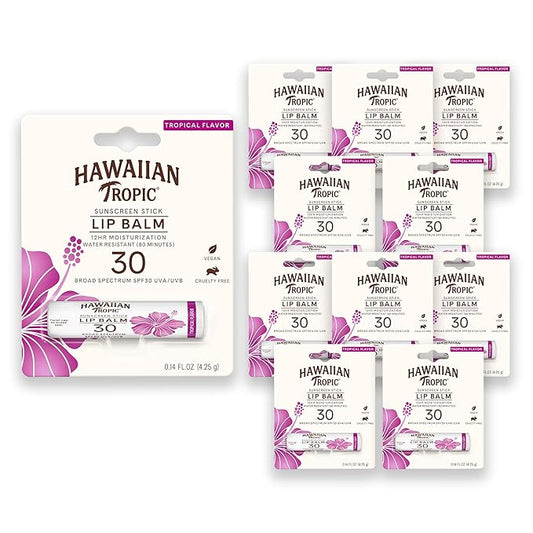 Hawaiian Tropic Tropical Lip Balm SPF 30, 0.14oz | Lip Sunscreen, Lip SPF 30, Lip Sunblock, Oxybenzone Free Sunscreen, Travel Size Sunscreen, Mini Sunscreen, 0.14oz (Pack of 10)-VivaGrace Women