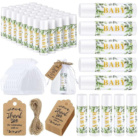 Demissle 50 Pcs Baby Shower Lip Balm Gift Set with 100 Pcs Organza Bags Baby Shower Party Favor for Guest Thank You Tag Rope Baby Shower Party Decoration Gender Reveal Souvenirs (Leaves)-VivaGrace Women