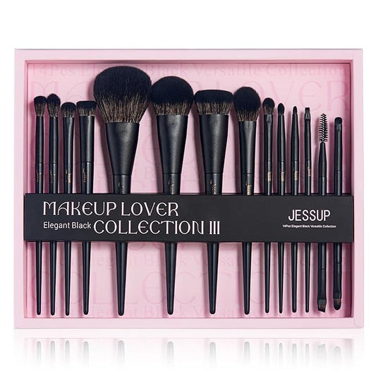 Jessup Makeup Brushes Set Jessup Make up Brushes 14Pcs Black Kabuki Foundation Eyeshadow Contour Concealer Powder Eyeliner Crease Eyebrow Blending Brush with Gift Box, T336-G-VivaGrace Women