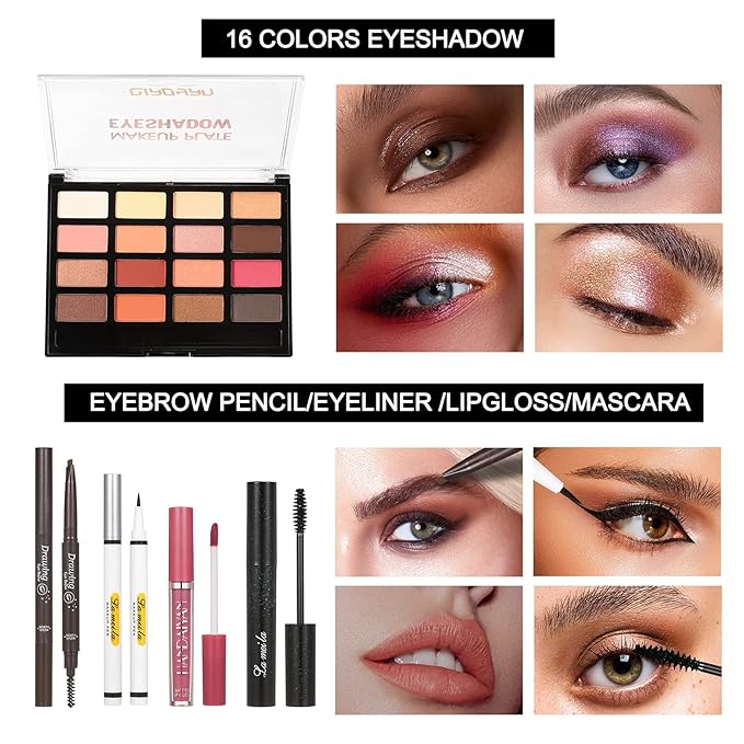 All in One Makeup Kit For Women Girls Teens Makeup set 16 Colors Eyeshadow Palette Foundation Eyeliner Contouring Stick Lip Gloss Eyebrow Mascara Makeup Brushes Makeup Gift Sets-VivaGrace Women