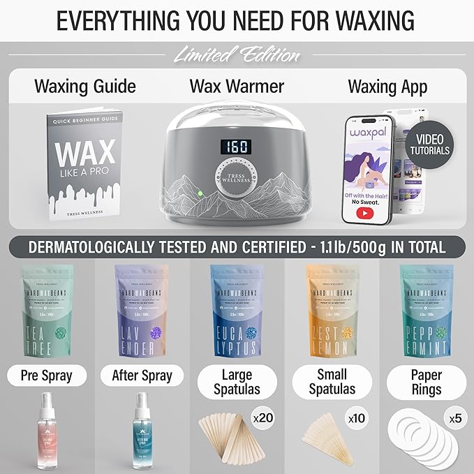 Tress Wellness Waxing Kit for Sensitive Skin – Safe for Face & Skin, Prep & Aftercare Spray, Easy to Use – At-Home Kit for Face, Bikini, Brazilian & Full Body - Digital Display, Grey Mountain-VivaGrace Women