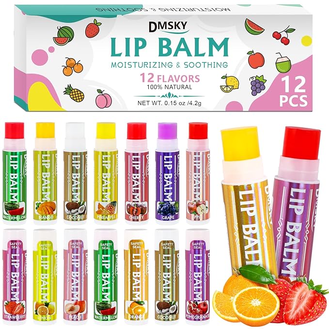 Dmsky Lip Balm 12 Pack, Colorful Lip Balm Bulk with Vitamin E and Coconut Oi, Hydrating Moisturizing Lip Balm Set for Men Women- 12 Flavors-VivaGrace Women