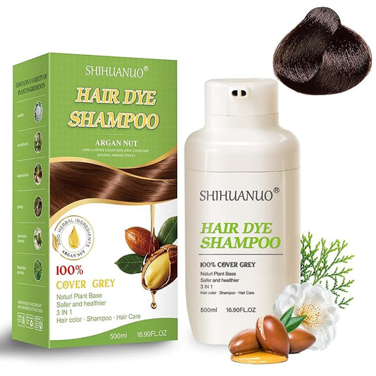 Hair Dye Shampoo 3 in 1 for Gray Hair Coverage,Argan nut Natural Shampoo Hair Dye for Women & Men/Ammonia-Free 500ml(Dark Brown)-VivaGrace Women