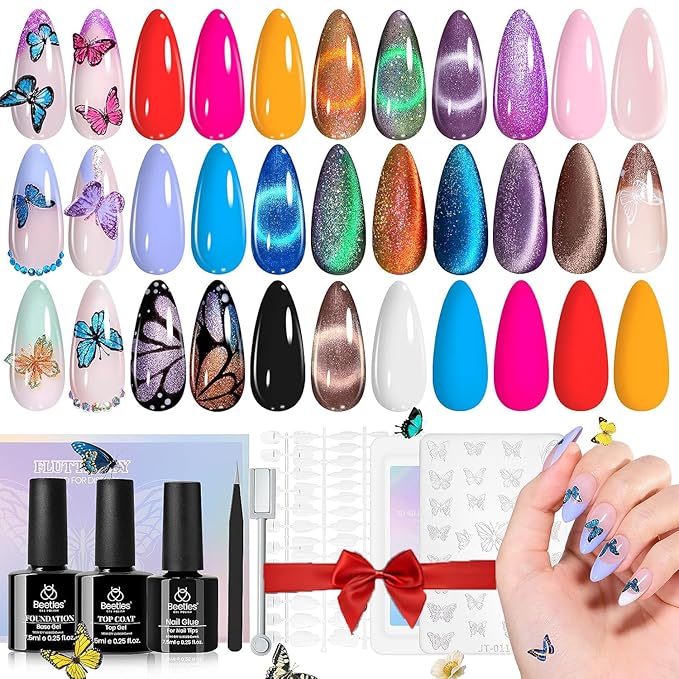 Beetles Cat Eye Gel Nail Polish Set, 15 Colors Gel Polish Nail Kit, Orange Glitter Purple White Blue Sparkle Uv Gel with Base & Top Coat & 3D Silicone Mold Nail Art for Decoration-VivaGrace Women