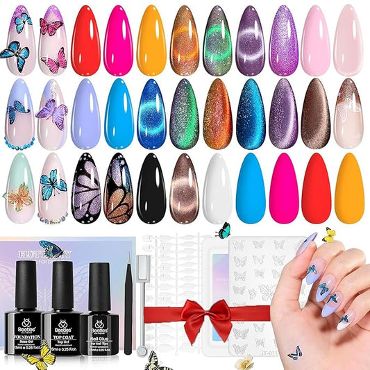 Beetles Cat Eye Gel Nail Polish Set, 15 Colors Gel Polish Nail Kit, Orange Glitter Purple White Blue Sparkle Uv Gel with Base & Top Coat & 3D Silicone Mold Nail Art for Decoration-VivaGrace Women