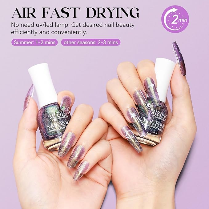 MIZHSE Quick Dry Nail Polish, Holographic Neon Purple Nail Polish Air Dry Fast, 15ml/0.5 fl oz Regular Sparkle Shimmery Oil-based Glitter Nail Lacquer Non Gel Full Coverage Nail Art Manicure Home