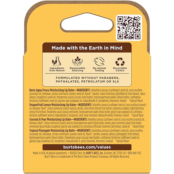 Burt's Bees Lip Balm - Berry Agua Fresca, Dragonfruit Lemon, Coconut & Pear, Tropical Pineapple Pack, With Beeswax, Tint-Free, Natural Origin Lip Treatment, 4 Tubes, 0.15 oz.-VivaGrace Women