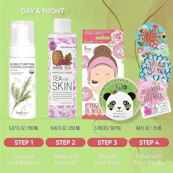 Korean Skin Care Set - Simplified Kbeauty Skincare Kits - Asian Skincare Facial Kit & Sets with Water Based Cleanser, Essence Toner, Under Eye Patches, Face Mask Sheets, Self Care Gifts For Women-VivaGrace Women