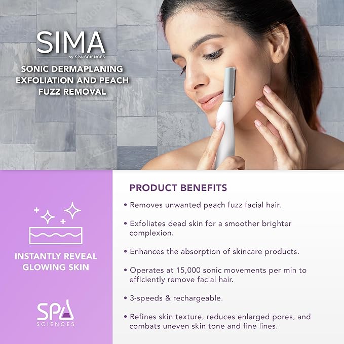 SPA SCIENCES - SIMA Patented Dermaplane Razor for Women Face – Painless 2-in-1 Facial Exfoliation & Peach Fuzz Hair Removal – Anti-Aging – 3 Speeds – Rechargeable – 7 Weeks Treatment-VivaGrace Women