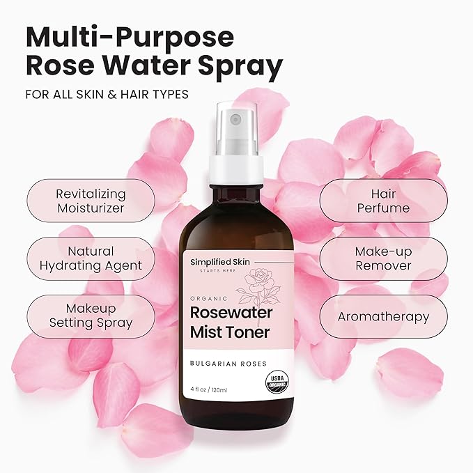 Rose Water Spray for Face & Hair - Organic USDA Certified Rosewater Facial Toner - Alcohol-Free Makeup Setting Hydrating Face Mist - Anti-Aging Toner Spray - 2 Pack-VivaGrace Women