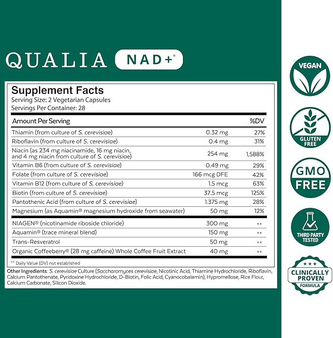 Qualia NAD Supplement — Clinically Proven to Boost NAD+ up to 67%. Optimized Aging, Energy, Focus. Elite NAD+ Booster Ingredients Nicotinamide Riboside (NIAGEN), Niacin, Niacinamide (1 Month Supply)-VivaGrace Women