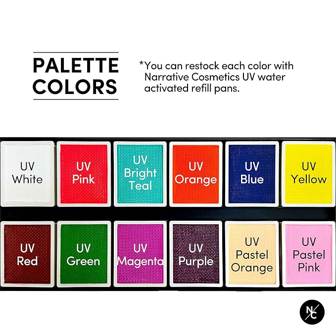 UV 12-Color Palette - Water-Activated Neon Glow Makeup for Face & Body - Fluorescent Shades for SFX, Party Makeup, Cosplay & Theatrical Performances-VivaGrace Women