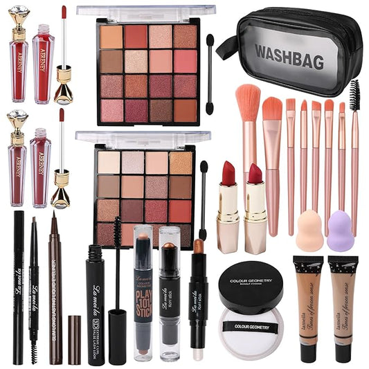All in One Makeup Kit For Women Girls Teens 2x16 Colors Eyeshadow Palette Liquid Foundation Eyeliner Pencils Contouring Stick Lip Gloss Eyebrow Pencils Mascara Powder Puff Makeup Brushes Makeup sets-VivaGrace Women