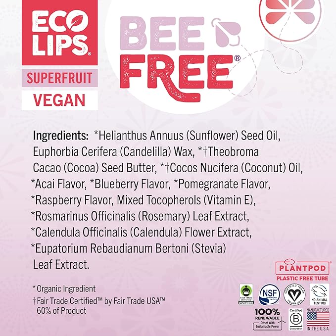 Eco Lips Vegan Superfruit Bee Free Lip Balm Includes Candelilla Wax, Organic Cocoa Butter and Coconut Oil. 100% Plastic-Free Plant Pod Packaging. 3-Pack-VivaGrace Women