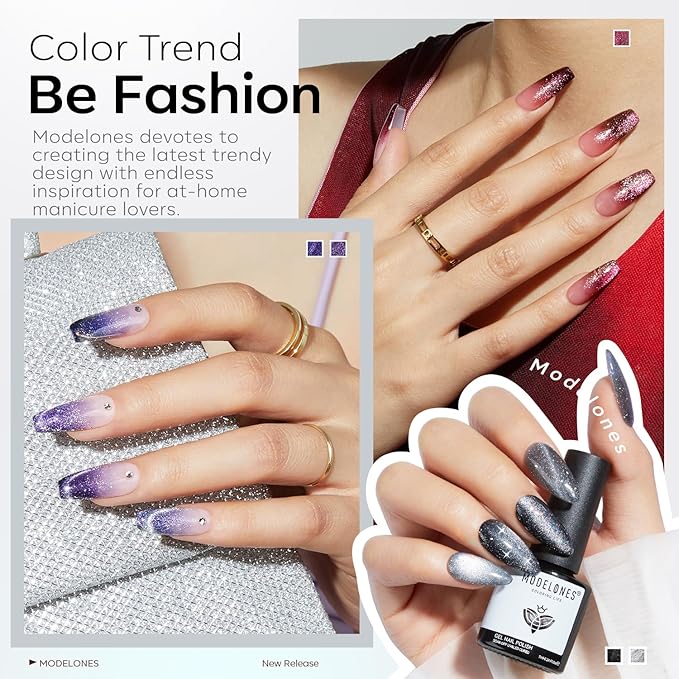 modelones Cat Eye Gel Nail Polish Set, 6 Colors 9D Glassy Cat Eye Glitter Gel Polish Black Red Purple Blue Silver Brown Nail Polish All Seasons with Magnet Soak Off Led DIY Salon Gift-VivaGrace Women