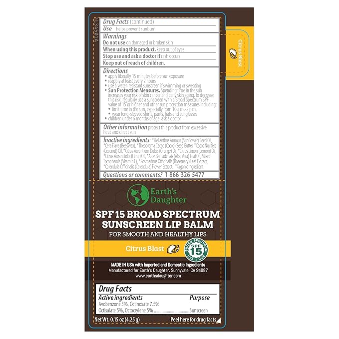 SPF Lip Balm 4-Pack by Earth's Daughter - Lip Sunscreen, SPF 15, Organic Ingredients, Citrus Flavor, Beeswax, Coconut Oil, Vitamin E - Hypoallergenic, Paraben Free, Gluten Free-VivaGrace Women