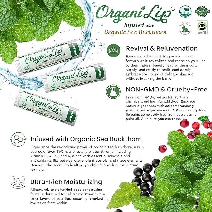 Organic Lip Balm, Spearmint Flavor, Ultra Hydrating Lip Moisturizer for Cracked or Dry Lips, Infused With Organic Sea Buckthorn, Oval Shaped Tube, USDA Certified Organic, 30 Pack-VivaGrace Women