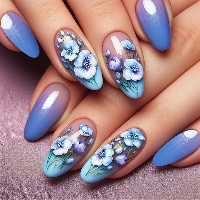 Ombre Blue Press on Nails Medium Almond Fake Nails with Flower Design Spring Press on Nails Gradient Glue on Nails Glossy Reusable Floral Spring Nails for Women Girls Manicure 24pcs