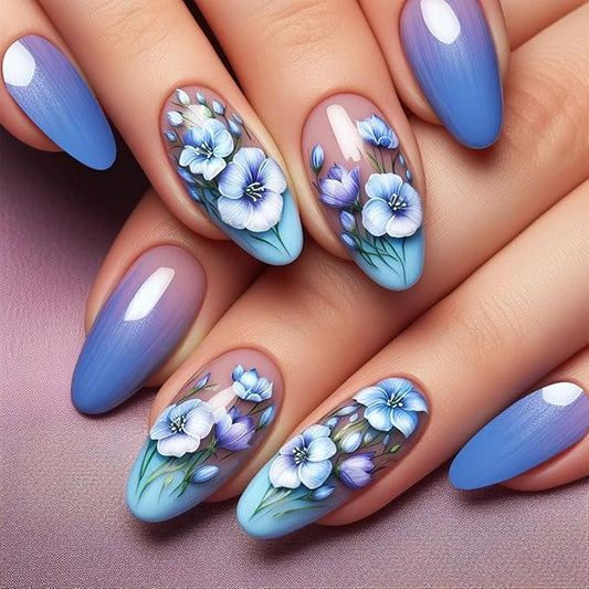Ombre Blue Press on Nails Medium Almond Fake Nails with Flower Design Spring Press on Nails Gradient Glue on Nails Glossy Reusable Floral Spring Nails for Women Girls Manicure 24pcs