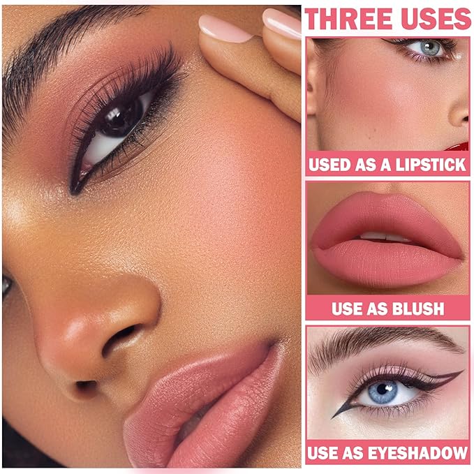 Cream Blush Stick with Brush, Waterproof, Long Lasting, Natural Finish, Rose Red - Compact Stick for All Skin Tones-VivaGrace Women