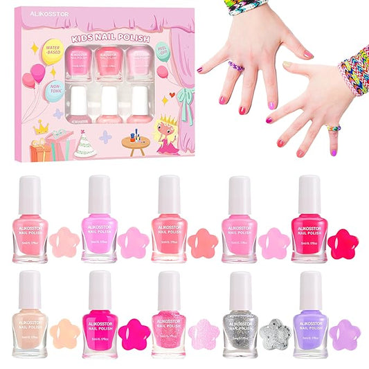 Kids Nail Polish Set - Non-Toxic, 10 Pink Colors, Quick Dry Peel Off Water Based Nail Polish Toys Kit for Toddler to Teen