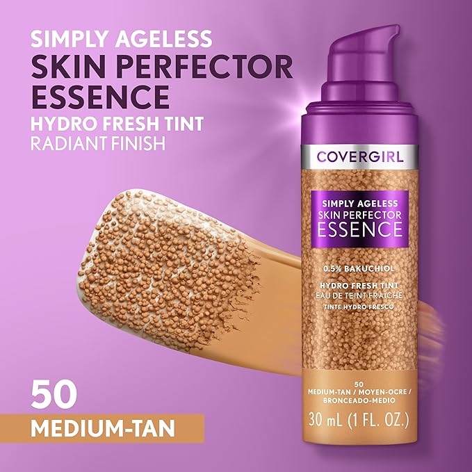 Covergirl Simply Ageless Skin Perfector Essence Foundation, 50 Medium-Tan, Tinted Skin Perfector, Skincare Makeup Hybrid, Sheer Tint, Radiant Finish, Skin-Like Finish, Vegan Formula, 1.0oz-VivaGrace Women