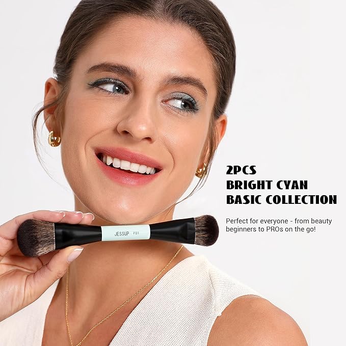 Jessup Makeup Brushes 2pcs Double Sided Foundation Brush Contour Brush Dual Ended Eye Blending Brush, Multi-functional Cosmetic Brush Bright Cyan T502-VivaGrace Women