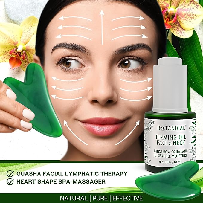 Botanical Face & Neck Firming Oil | Anti-Wrinkle Ginseng & Squalane Serum w/Gua Sha Lift Scraper | Organic, Pure, Natural Skincare (0.6 fl oz | 18 ml)-VivaGrace Women